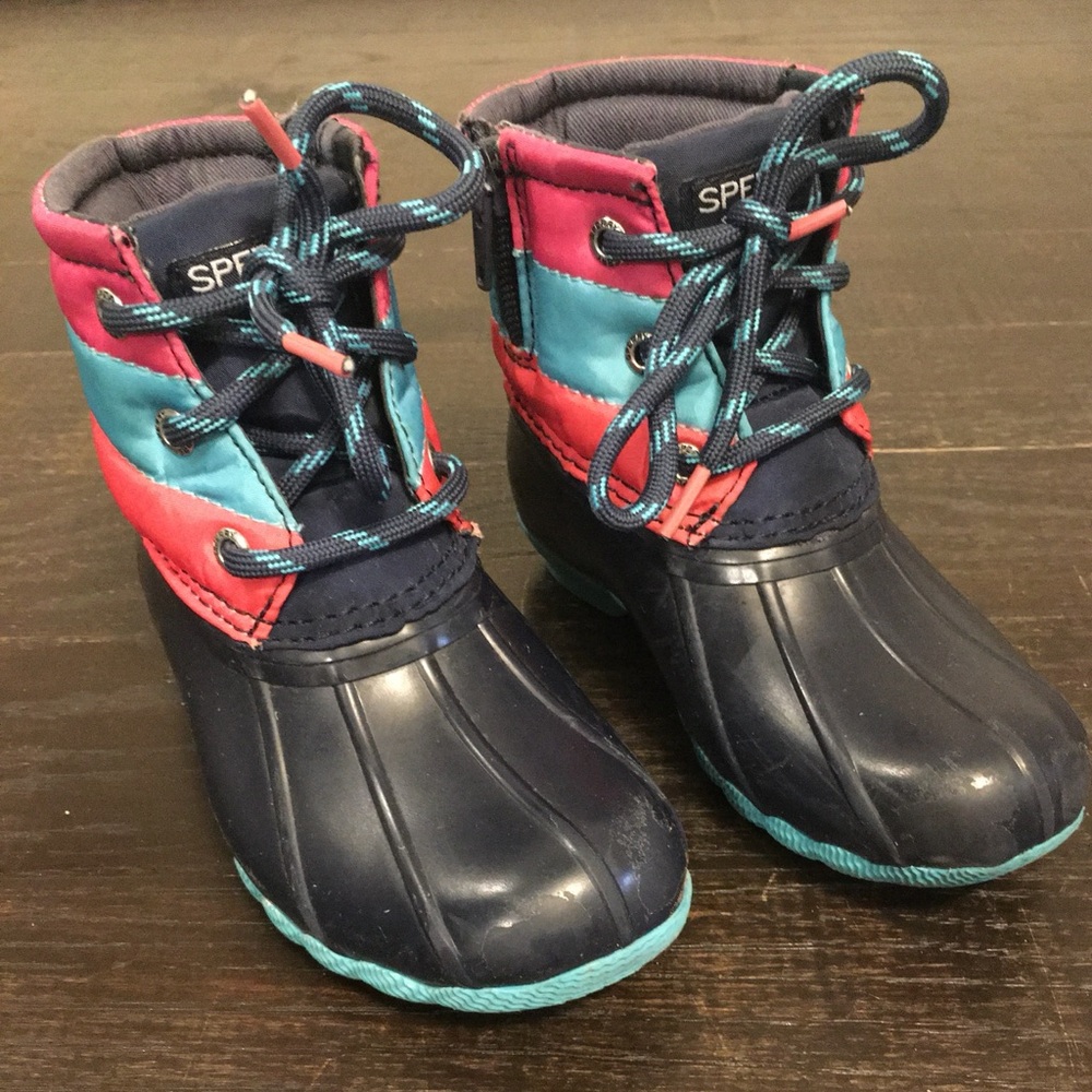Sperry toddler girl Navy, Teal & Coral Cold Weather Duck Boots. Size- 9M